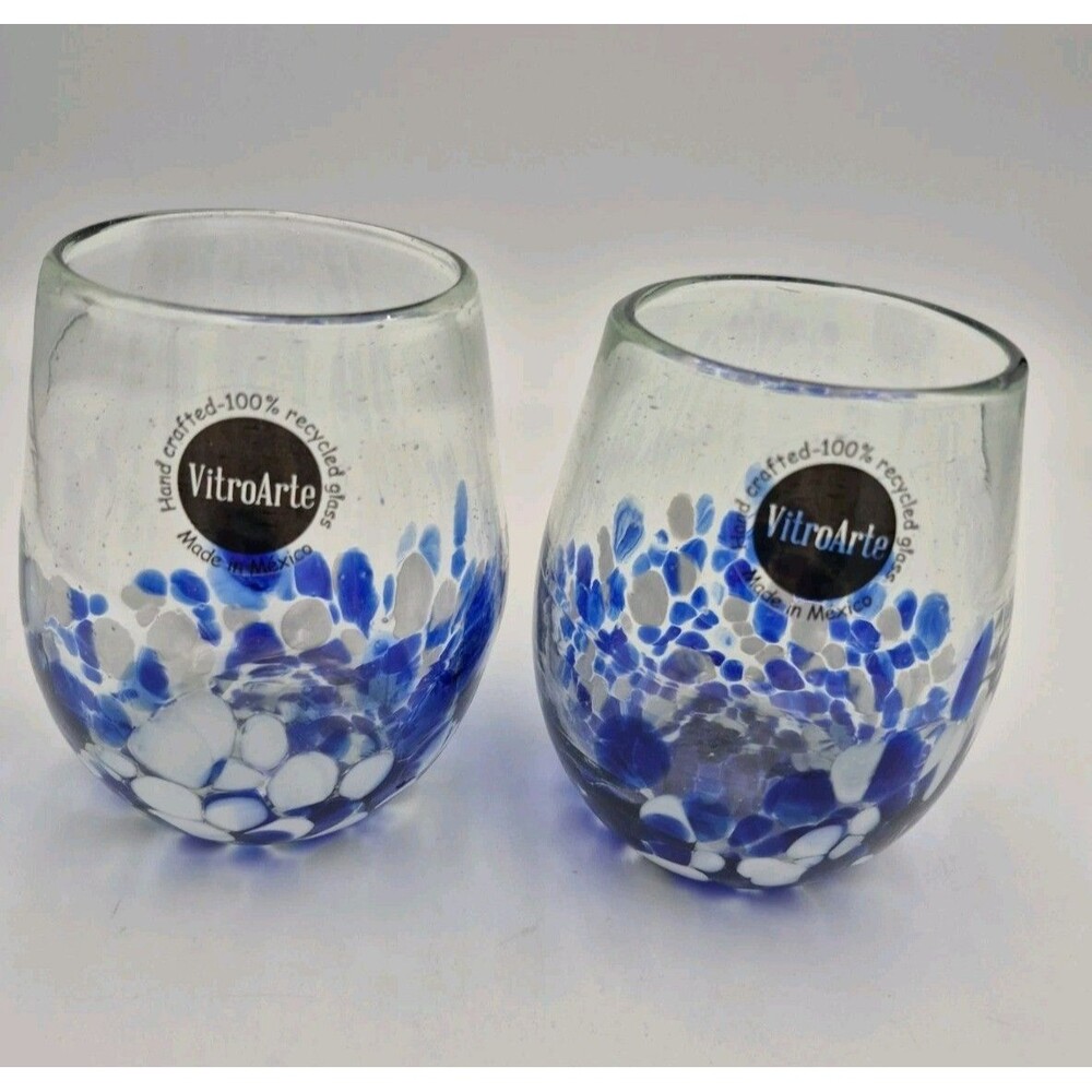 Mexican Hand Blown Stemless Wine Glasses Blue White Confetti Art Glass Set of 2